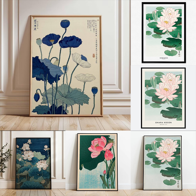 Vintage Fashion Wall Art - 1ピースフレームレスキャンバス絵画、日本のキャンバスポスターアートプリント、ヴィンテージ蓮の花アート、植物ポスター、青い花柄ウォールアート。