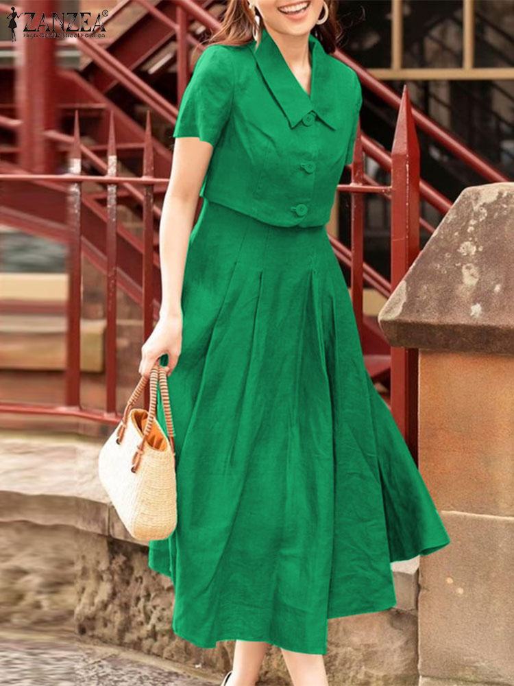 Vintage Fashion Ai - Zanzea-女性のマッチングオフィスアウター、半袖、タンクドレス、カジュアルな衣装、プレーンスーツ、夏、2個セット、2022