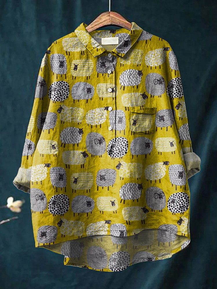 Vintage Fashion Patterns - ヴィンテージ素敵な羊アートパターン 3D プリントファッション女性のラペル長袖ポケットシャツ春カジュアルオープンチューブシャツ KT-07