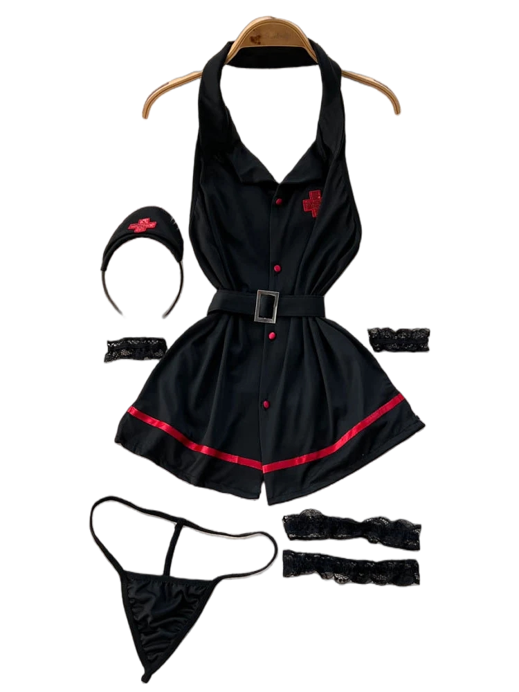 Vintage Fashion Aesthetic - エロティックファッションセクシーなホルターランジェリードレス夏 V ネックヴィンテージベルトスリムランジェリー女性背中の開いたセクシュアリティクラブランジェリーセット