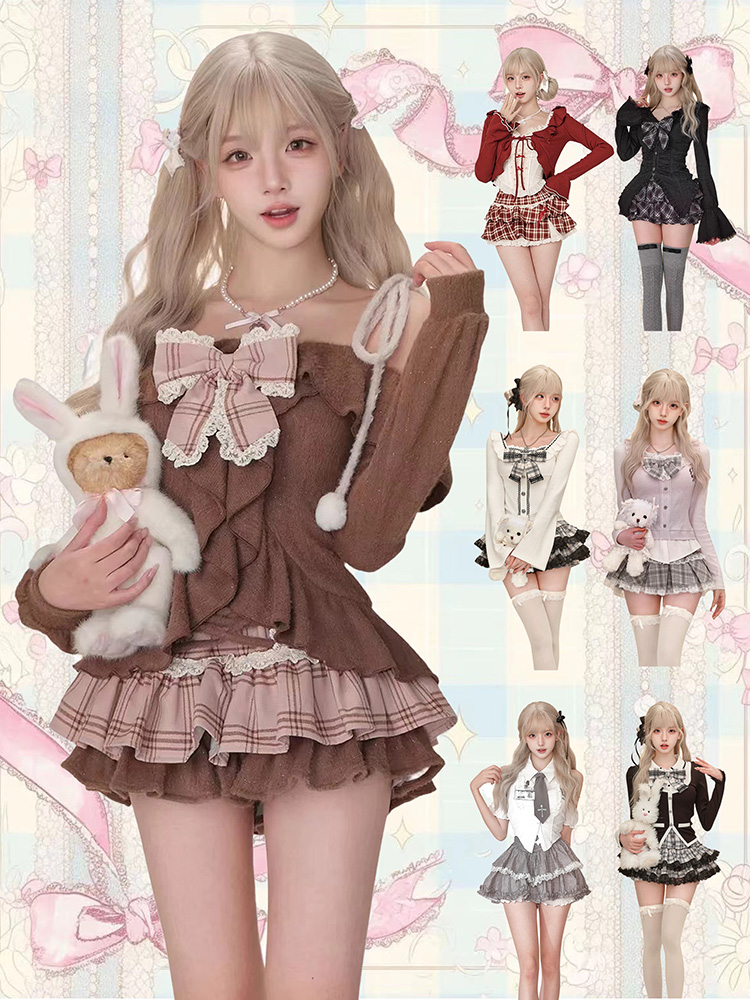 Vintage Fashion Ai - ゴシックY2Kヴィンテージプレッピースタイル2ピースセット レディース スイートボウニットカーディガン フリル付き格子柄ミニスカート ファッションロリータ衣装 新作