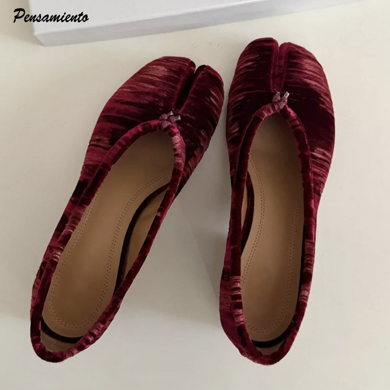 Vintage Fashion Aesthetic - ファッションプリーツデザイナーフランネルスプリットトゥ女性用バレエパンプスヴィンテージローヒールタビローファーカジュアルソフトソールウォーキングシューズ