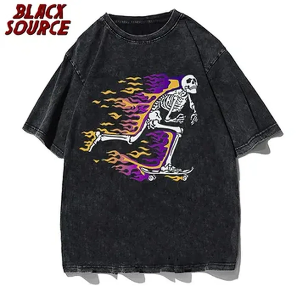 Vintage Fashion Patterns - ウォッシュドメンズTシャツ ヴィンテージ ユニセックス ハイストリート ランニング スカル柄