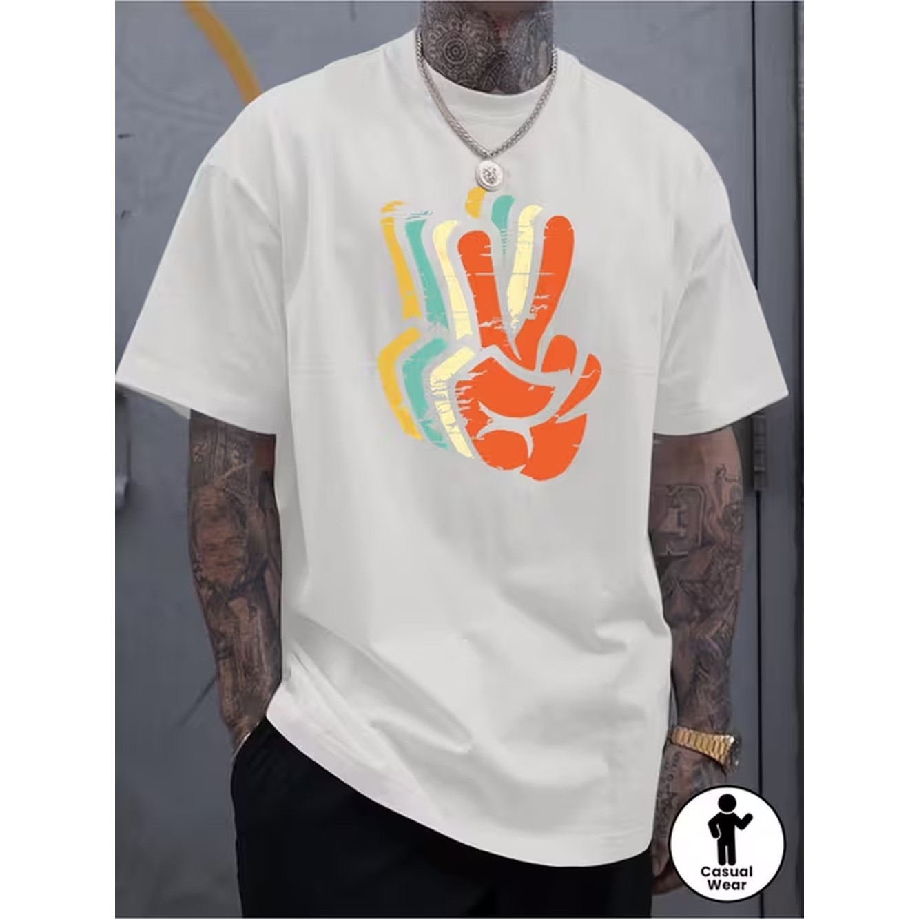 Vintage Fashion Patterns - 商品画像 メンズ レトロ柄プリント半袖Tシャツ シャツ サインと抽象的なジェスチャーデザイン レギュラーフィット