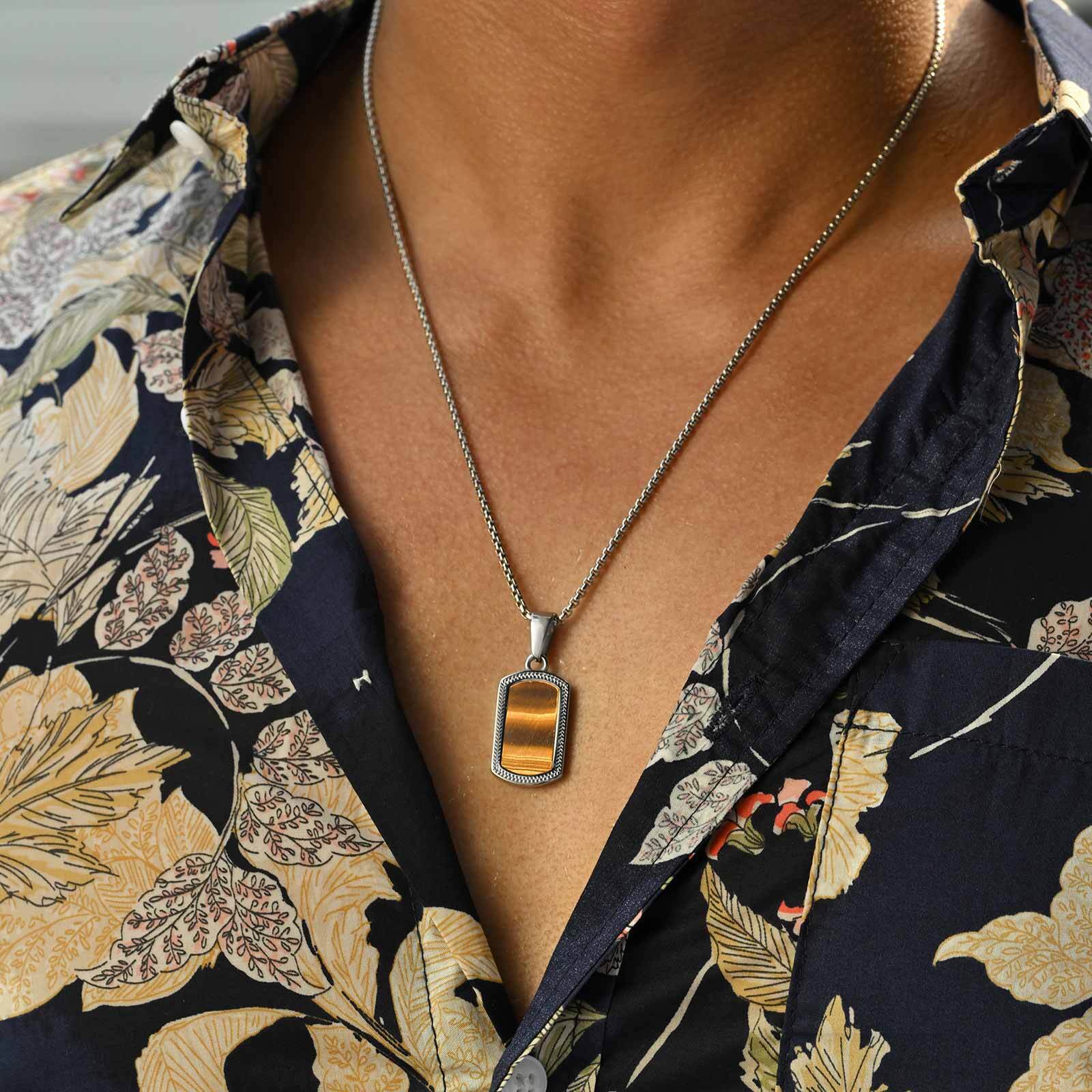 Vintage Fashion Tags - Vnox ステンレススチール タイガーアイストーン ペンダントネックレス メンズ用、ヴィンテージ風長方形低アレルギー性ボックスチェーン ドッグタグジュエリーギフト