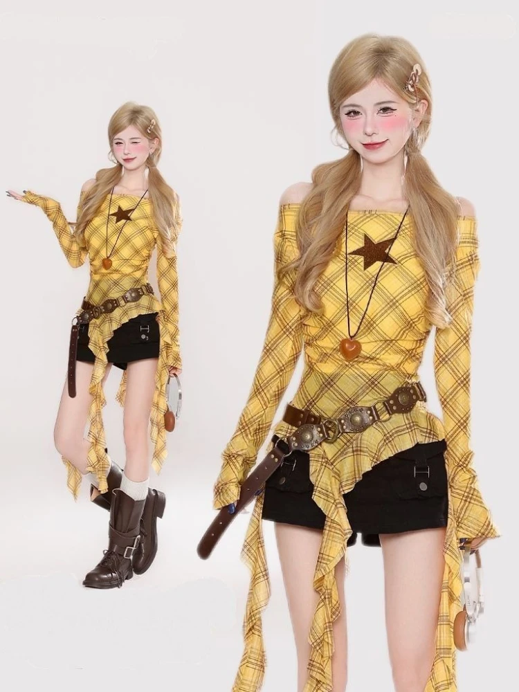 Y2K チェック柄スラッシュネックヴィンテージ T シャツ、 - Vintage Fashion Aesthetic のレビューと価格