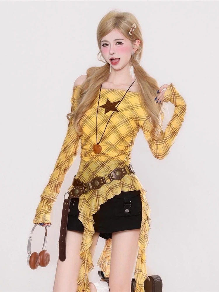 Y2K チェック柄スラッシュネックヴィンテージ T シャツ、 - Vintage Fashion Aesthetic のレビューと価格