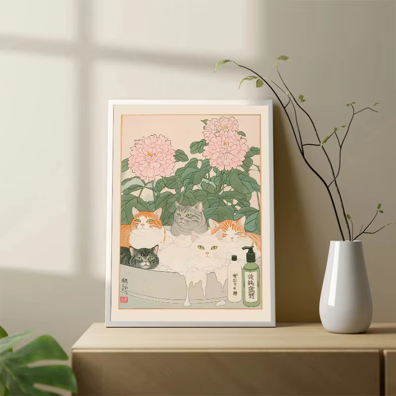 フレームレス猫と浴槽の日本風ヴィンテージクラシックタイガーキ - Vintage Fashion Wall Art のレビューと価格