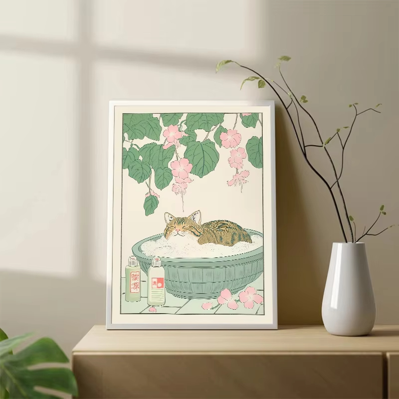 フレームレス猫と浴槽の日本風ヴィンテージクラシックタイガーキ - Vintage Fashion Wall Art のレビューと価格