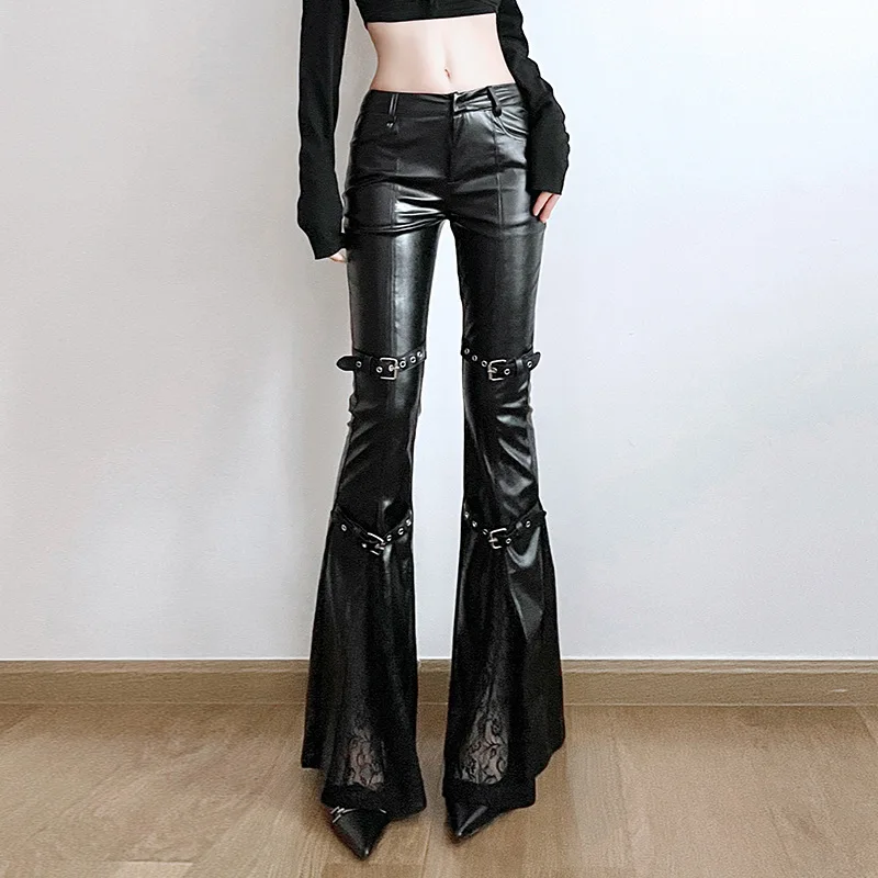レディース PU レザー フレア パンツ、ゴシック バックル - Vintage Fashion Aesthetic のレビューと価格
